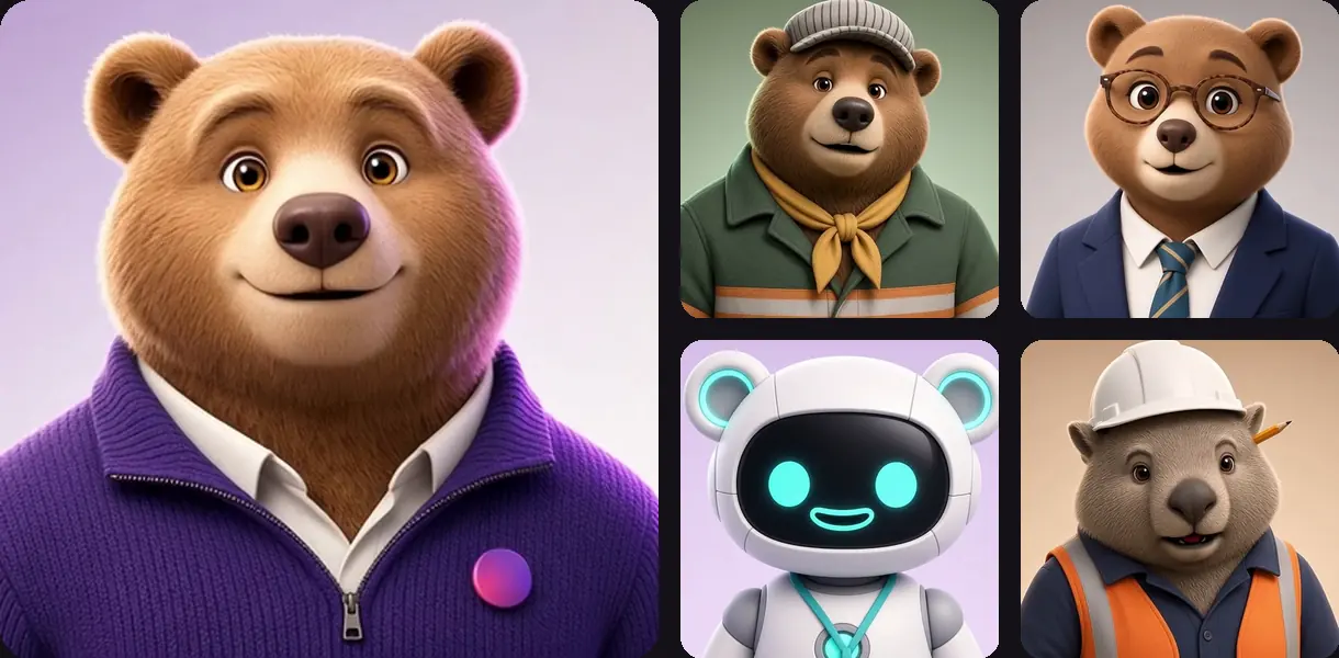 The ThorApps AI team: Thor large on the left, with Barlow, Hollis, Bix and Clem. All five are AI characters.